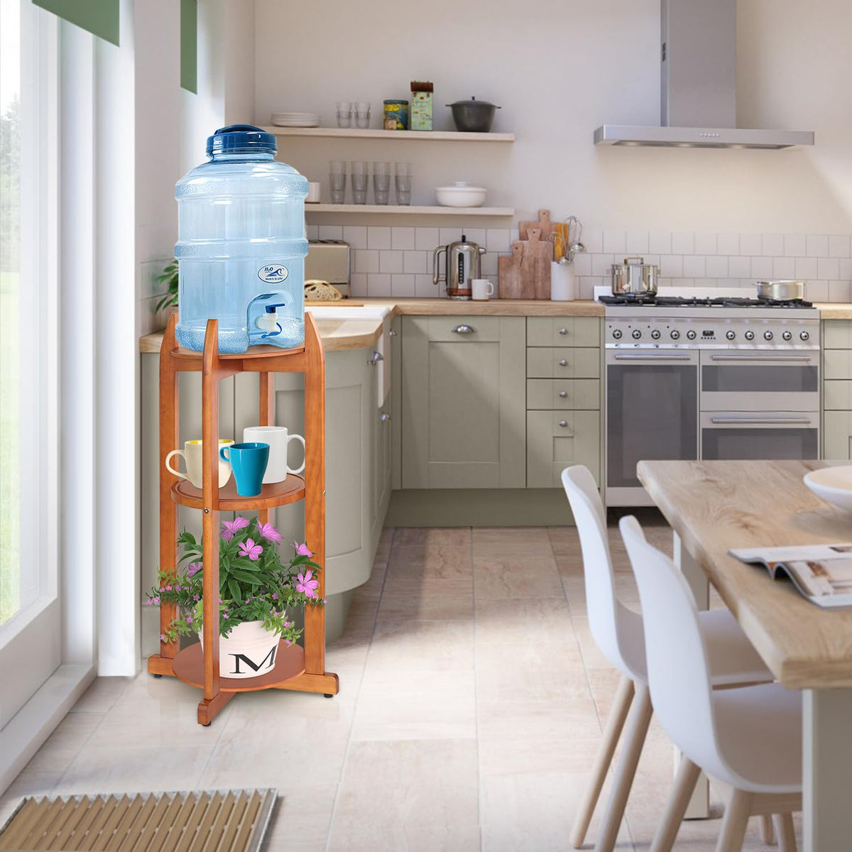 Solid Wood Water Dispenser Floor Stand with 3 Shelves Z18823
