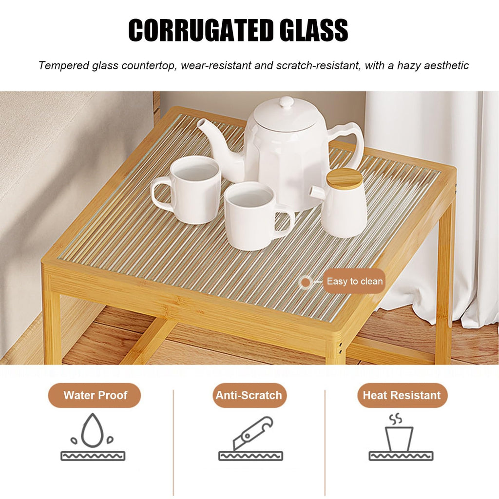 Set of 2 Square Glass Coffee Table with Bamboo Frame X473