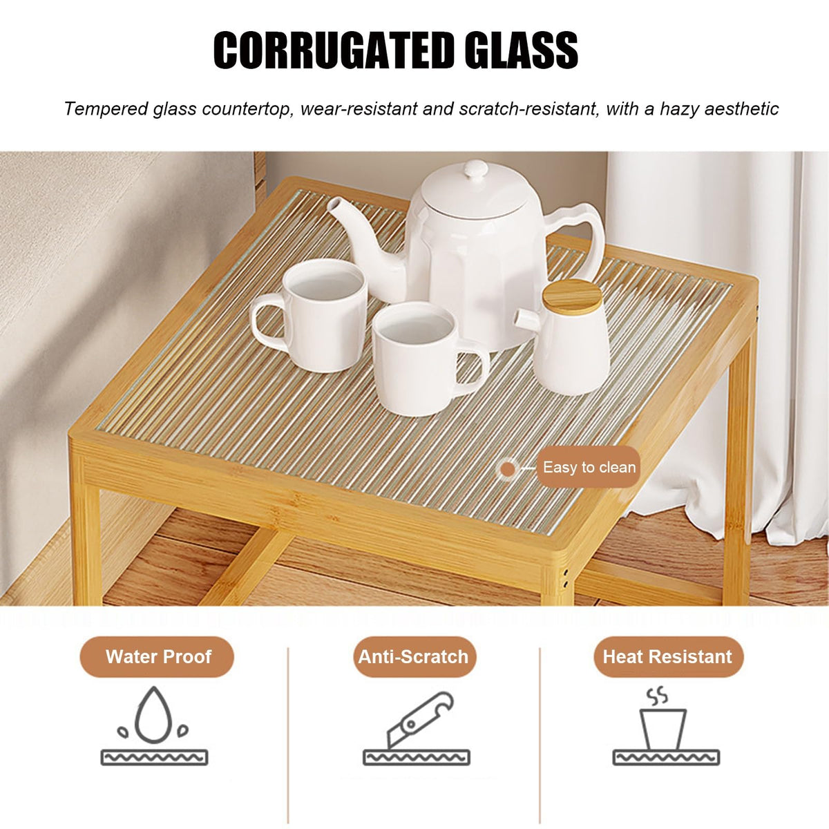 Set of 2 Square Glass Coffee Table with Bamboo Frame X473
