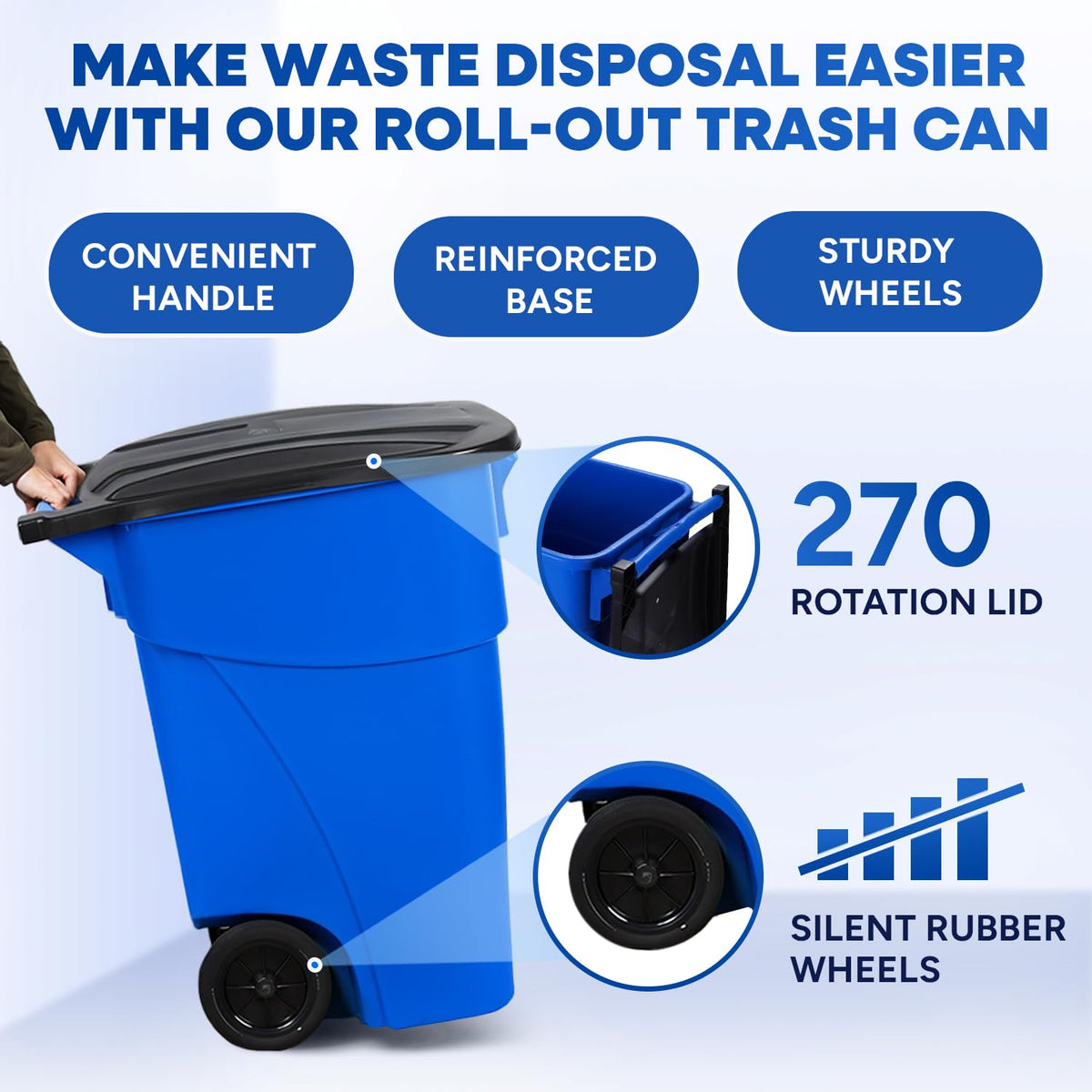 50 Gallon Blue Plastic Trash Can with Lid and Wheels C97492