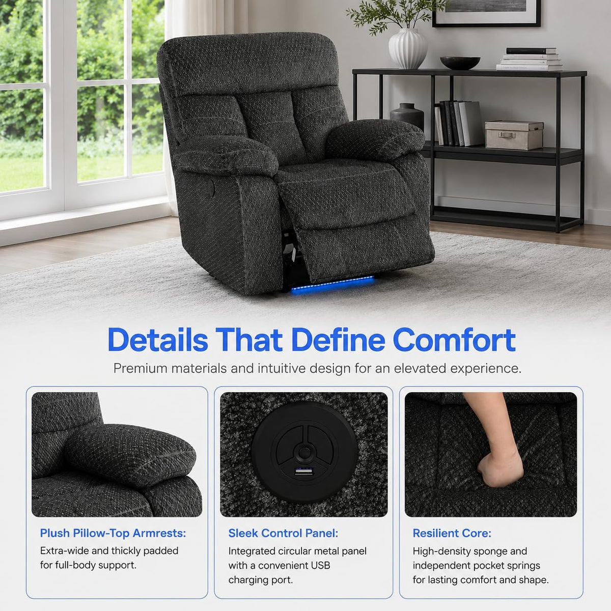 Gray Wool 3 Piece Power Reclining Sofa Set with USB Ports and LED Lights V472200
