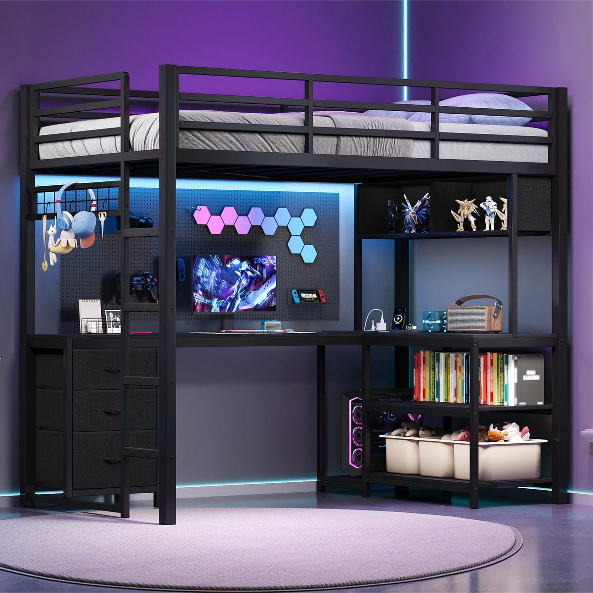 Twin Loft Bed with L-Shaped Desk and LED Lights O104