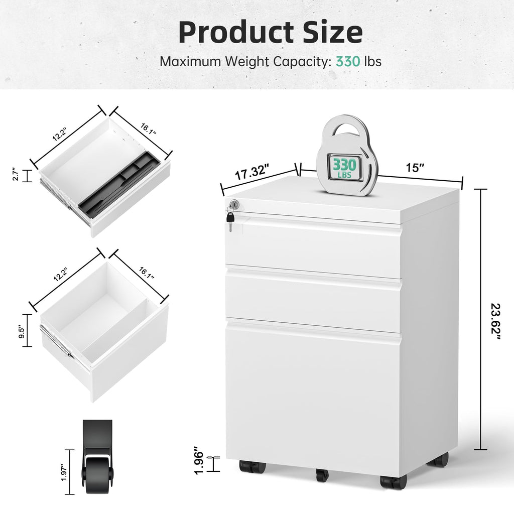 Fully Assembled 3 Drawer White Metal Rolling File Cabinet with Lock N74222