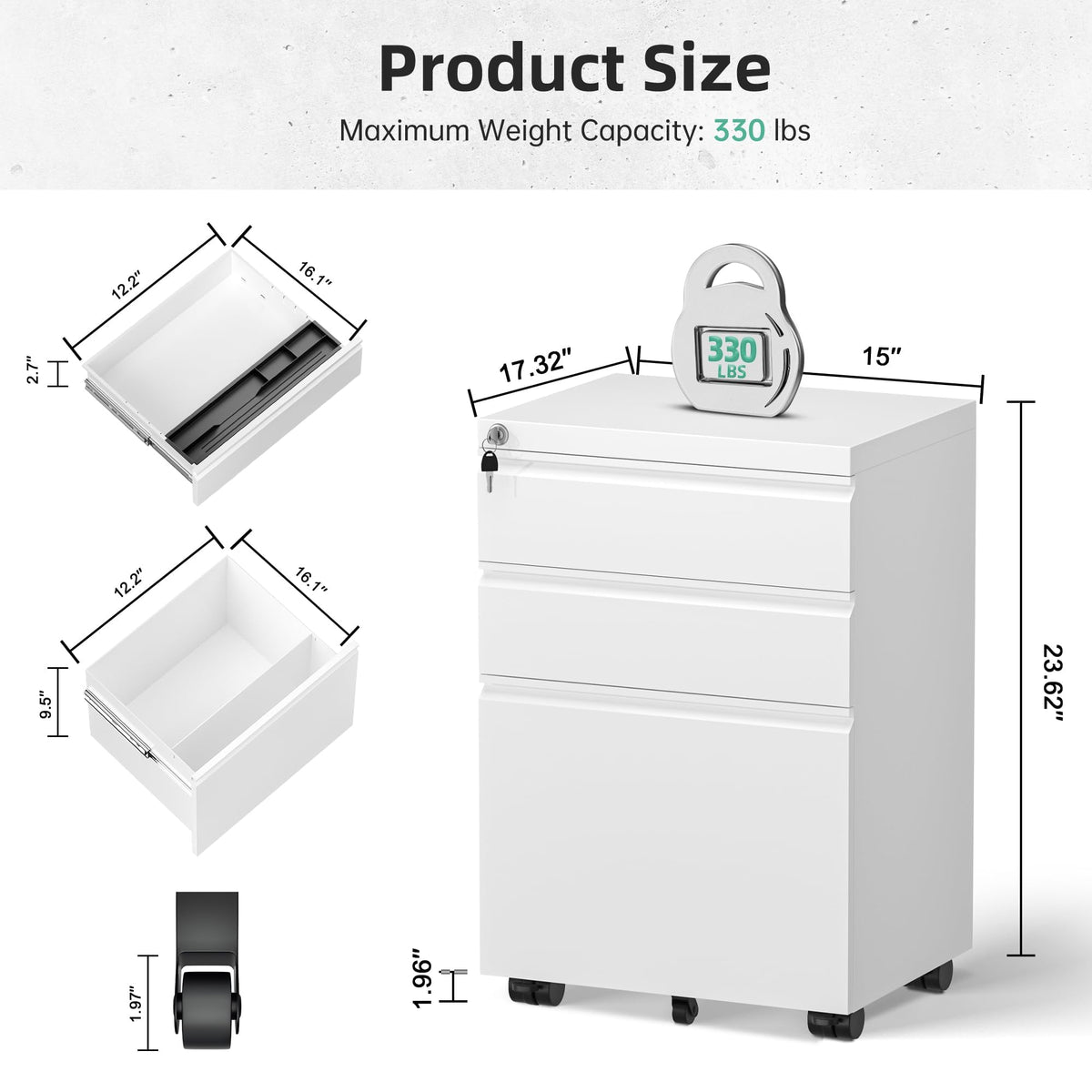 Fully Assembled 3 Drawer White Metal Rolling File Cabinet with Lock N74222