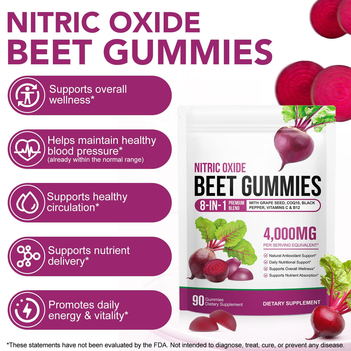 Beetroot Gummies 90 Gummies Beetroot Extract Supplement with COQ10 Vitamin C B12 Grape Seed Extract U547