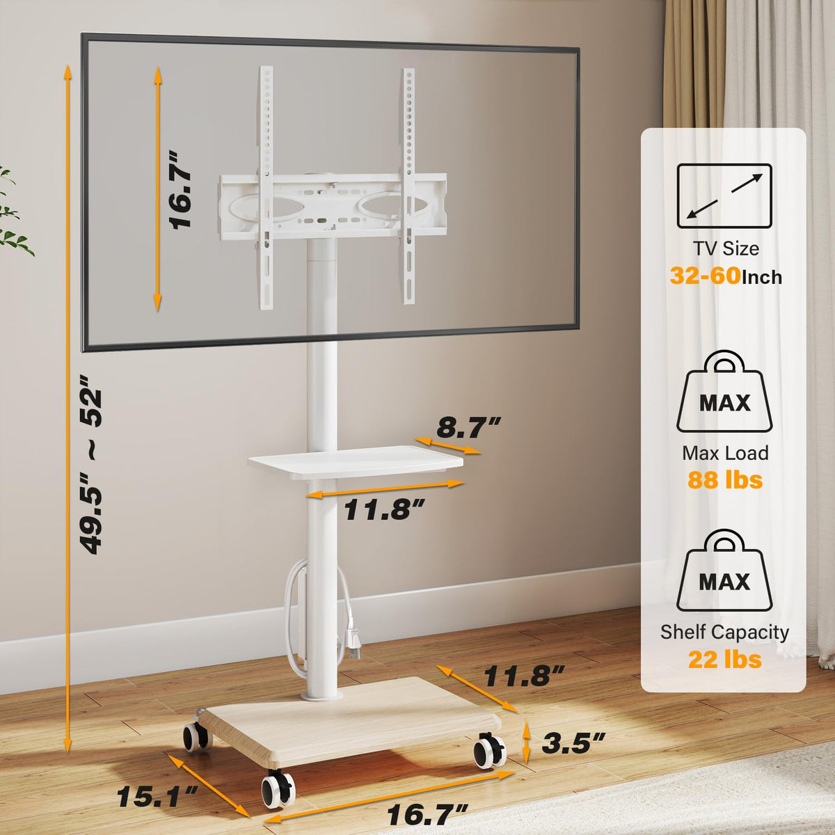 Rolling TV Stand with Power Outlet for 32-60 inch TVs H393