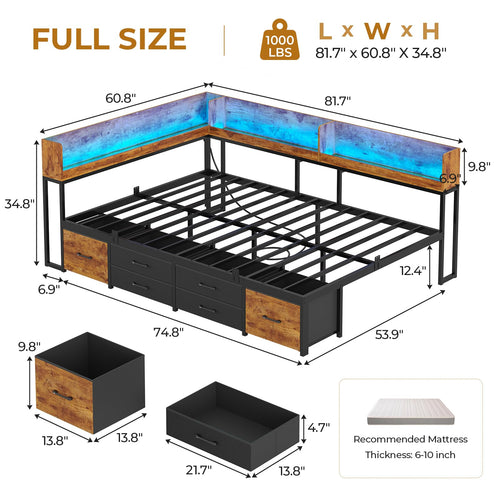 14 Inch Corner Bed Frame with Bookcase Storage, Full Daybed with 6 Drawers, Charging Station and LED Light, Black & Vintage Brown E339