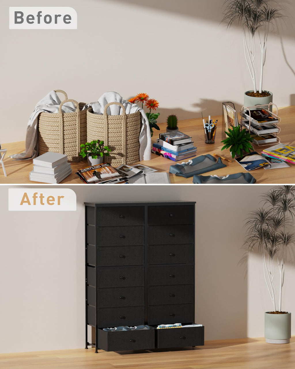 Tall Fabric 7 Drawer Dresser with Steel Frame Wood Top E2364