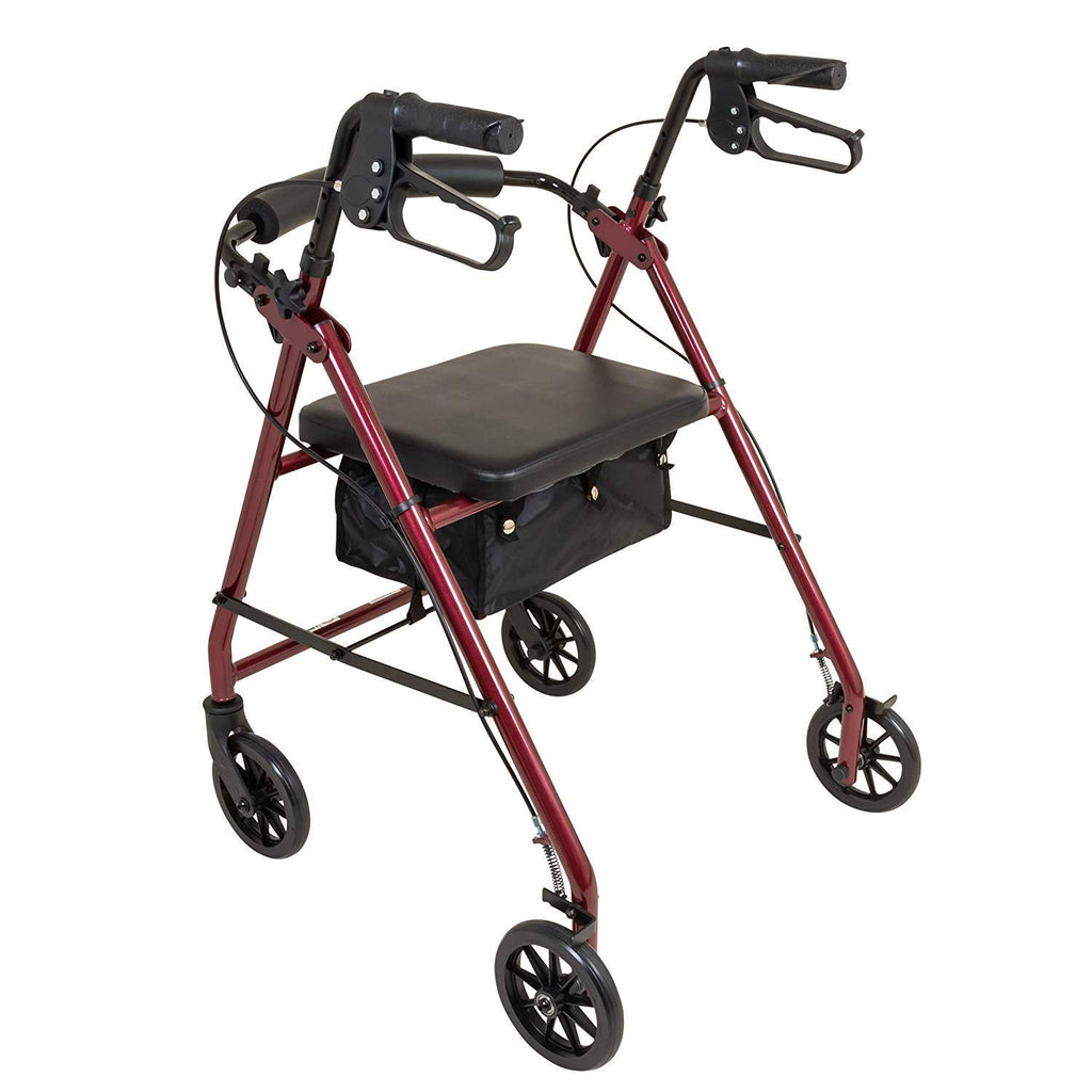 Aluminum Rollator Walker with Seat, 6-inch Wheels, Foldable, Burgundy E6531