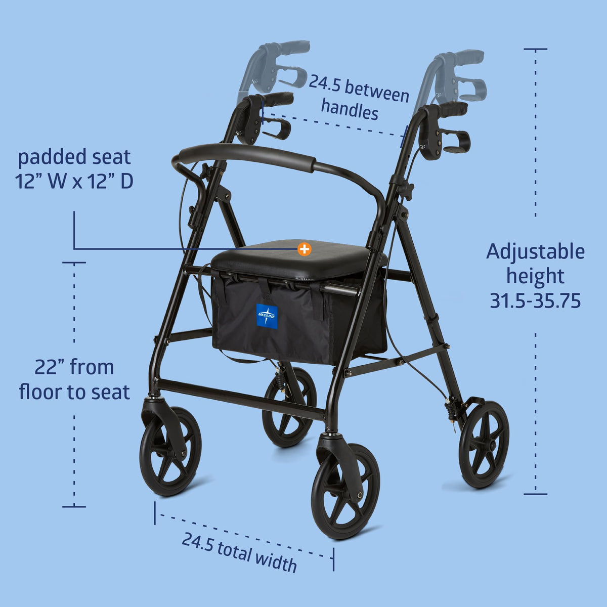 Burgundy Aluminum Rollator Walker with 8” Wheels and Padded Seat P3596