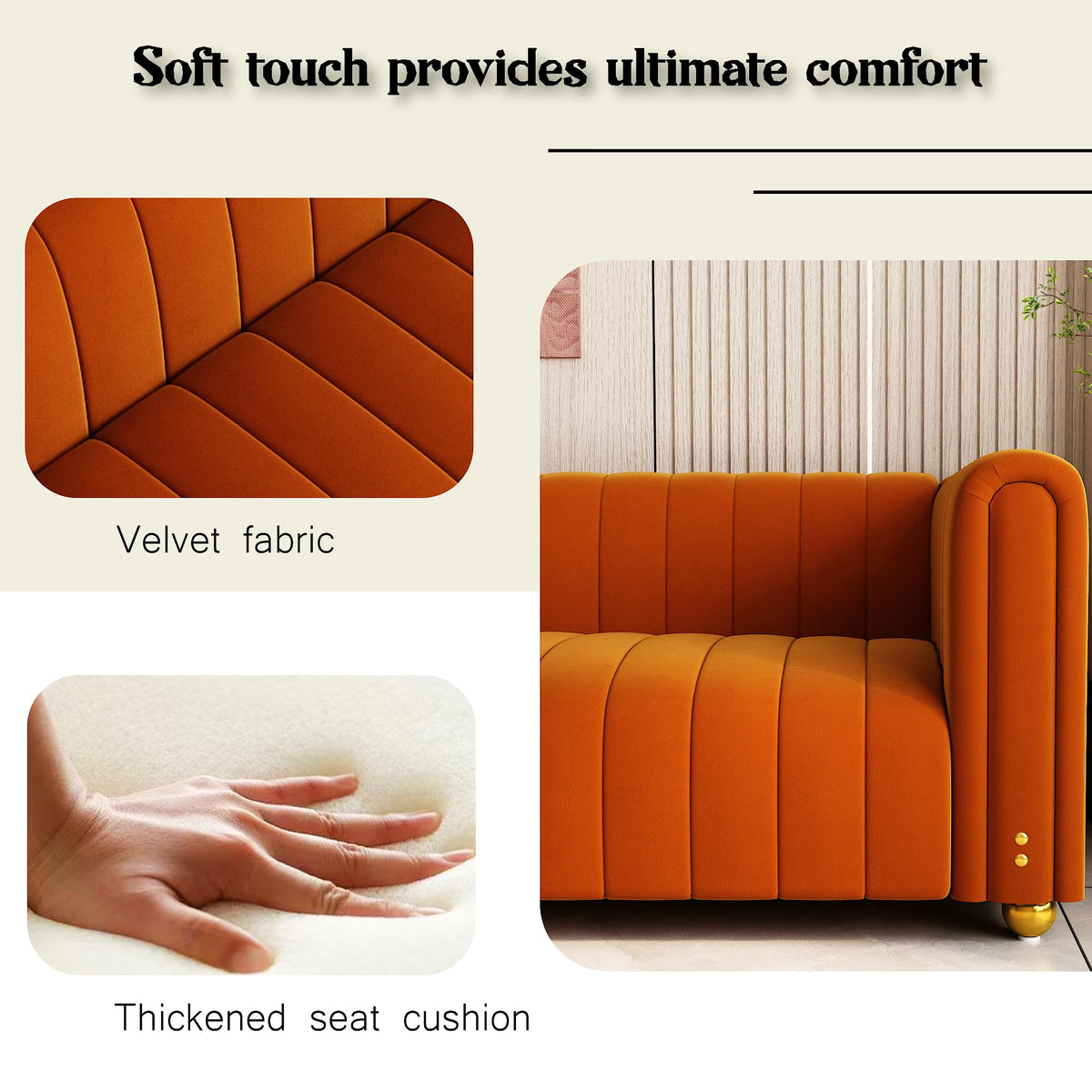 81" Orange Velvet Tufted Sofa 3 Seater with Metal Legs I76939