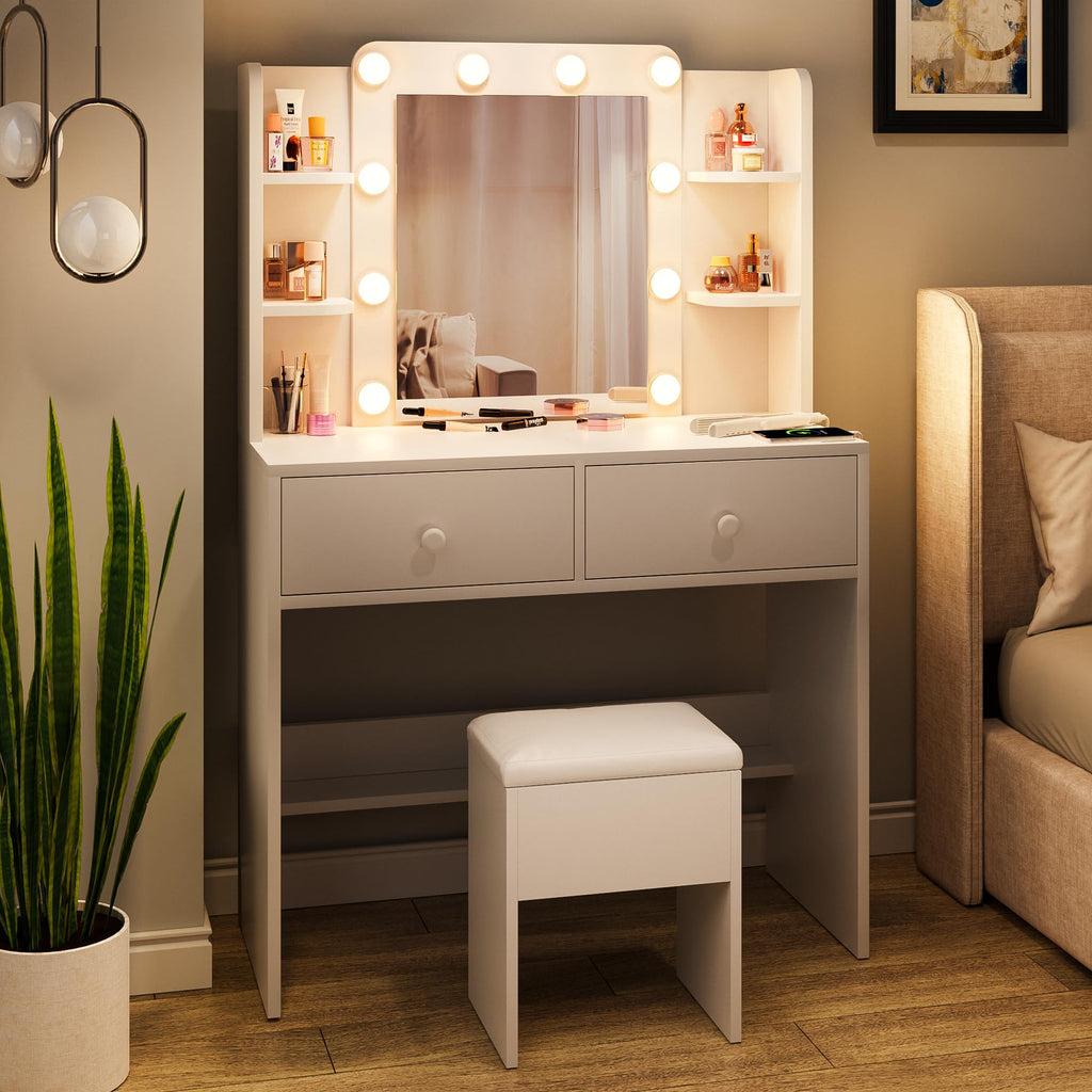 White Vanity Desk with Lighted Mirror and Chair Z534