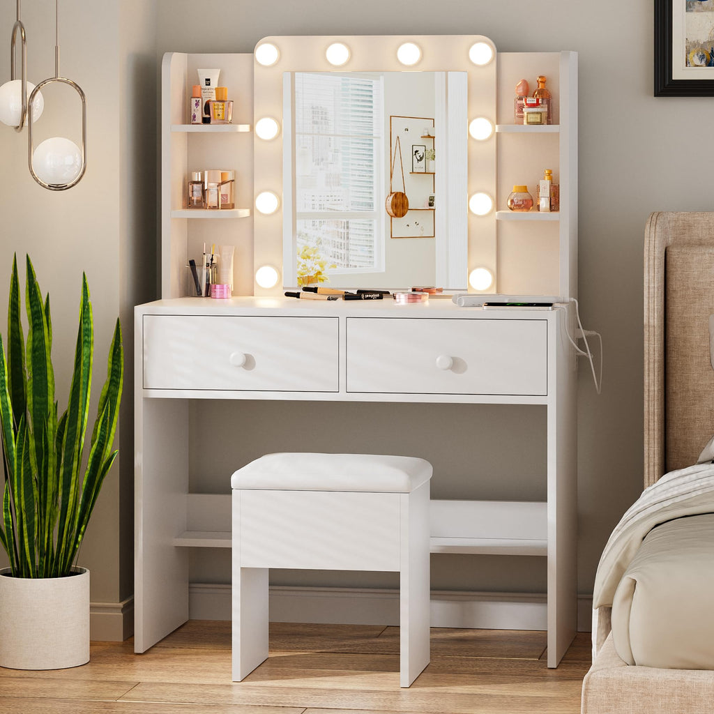 White Vanity Desk with Lighted Mirror and Chair Z534