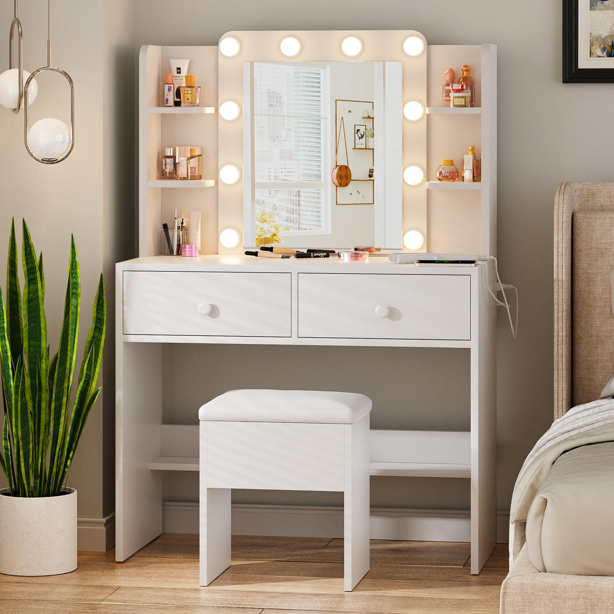 White Vanity Desk with Lighted Mirror and Chair Z534