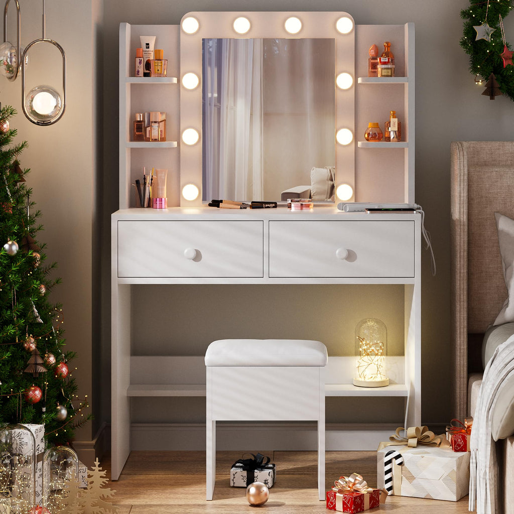 White Vanity Desk with Lighted Mirror and Chair Z534