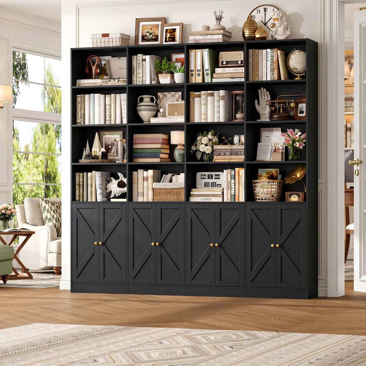 72.8" Black Bookshelf with 8 Doors T298353
