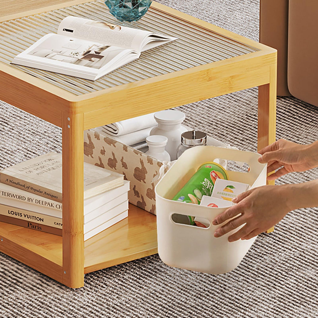 Set of 2 Square Glass Coffee Table with Bamboo Frame X473