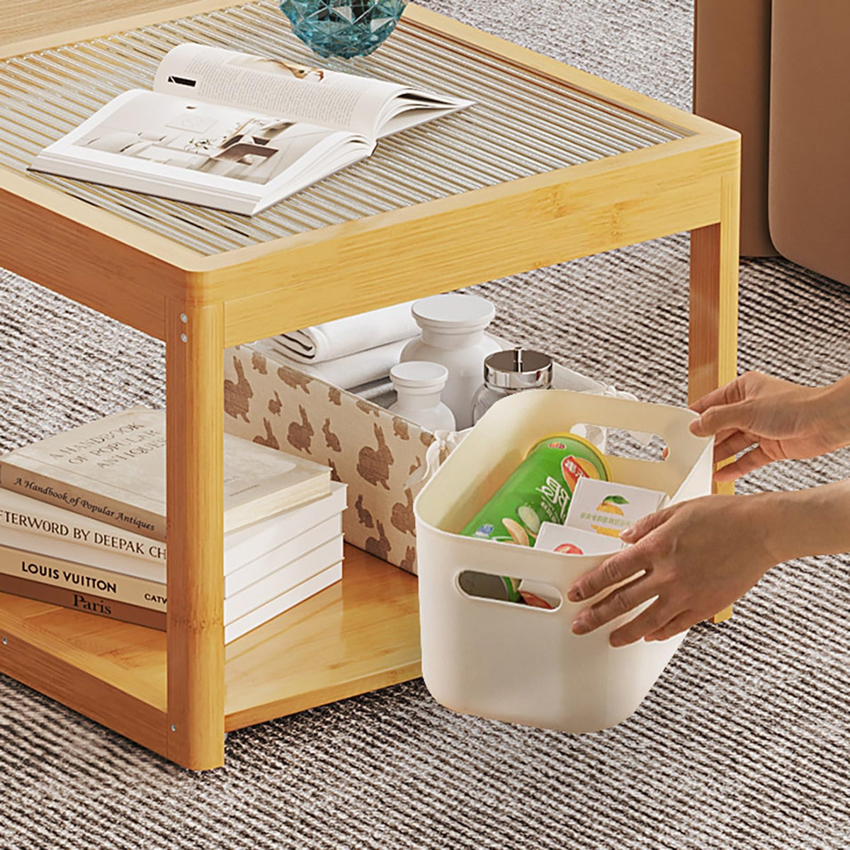 Set of 2 Square Glass Coffee Table with Bamboo Frame X473