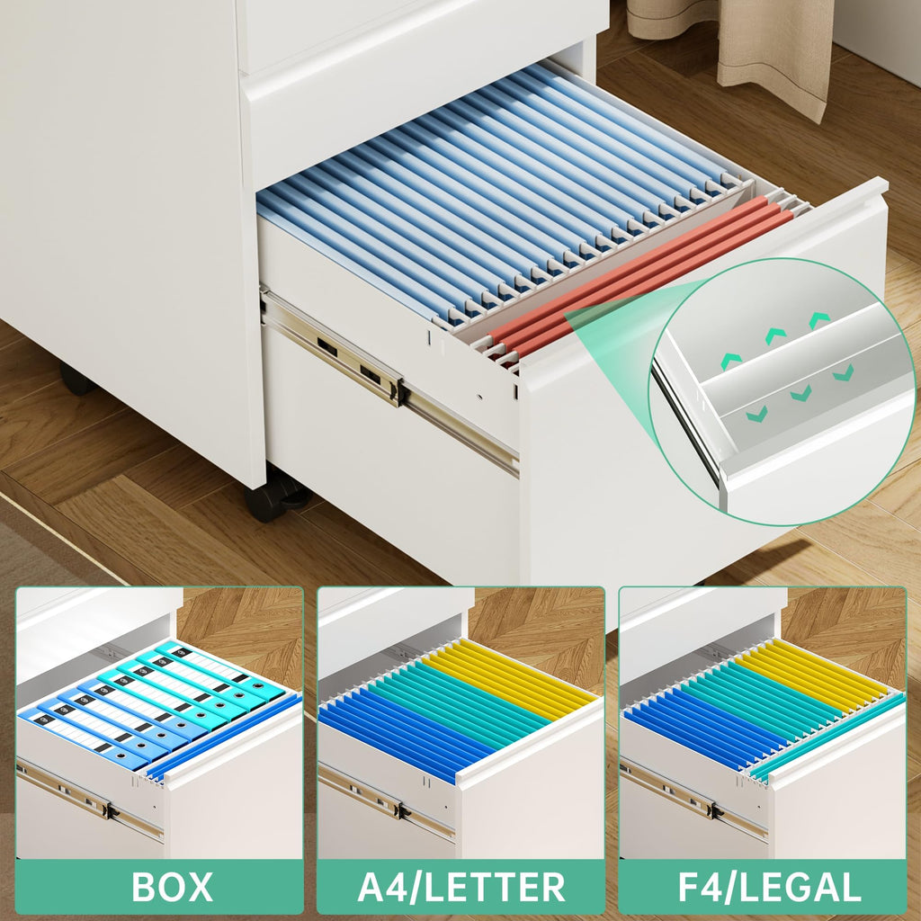 Fully Assembled 3 Drawer White Metal Rolling File Cabinet with Lock N74222