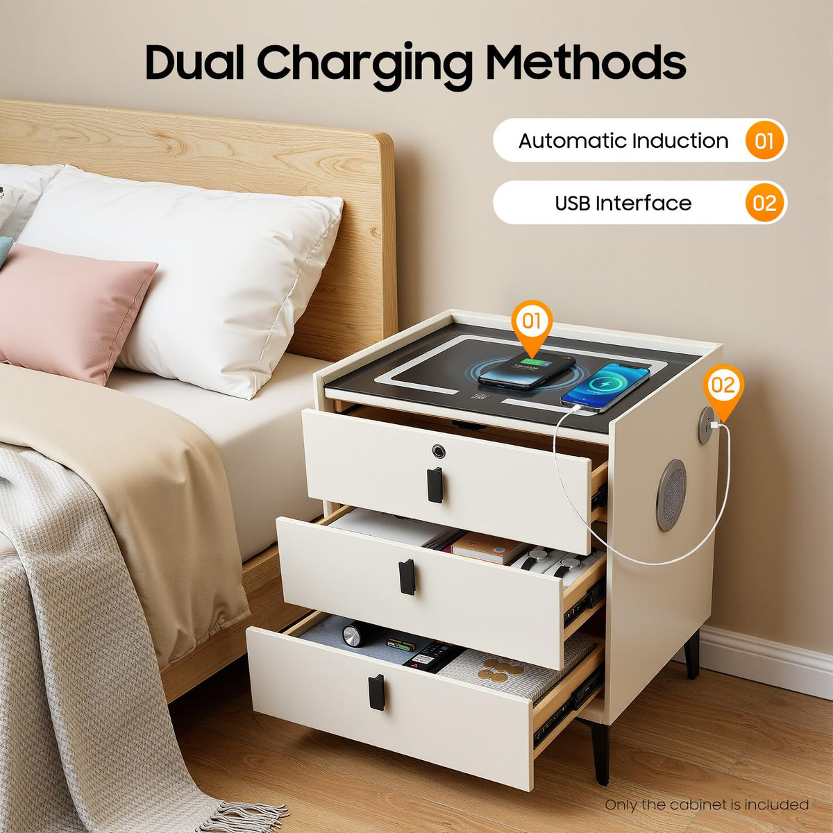 LED Nightstand with Charging Station and Drawers W7773