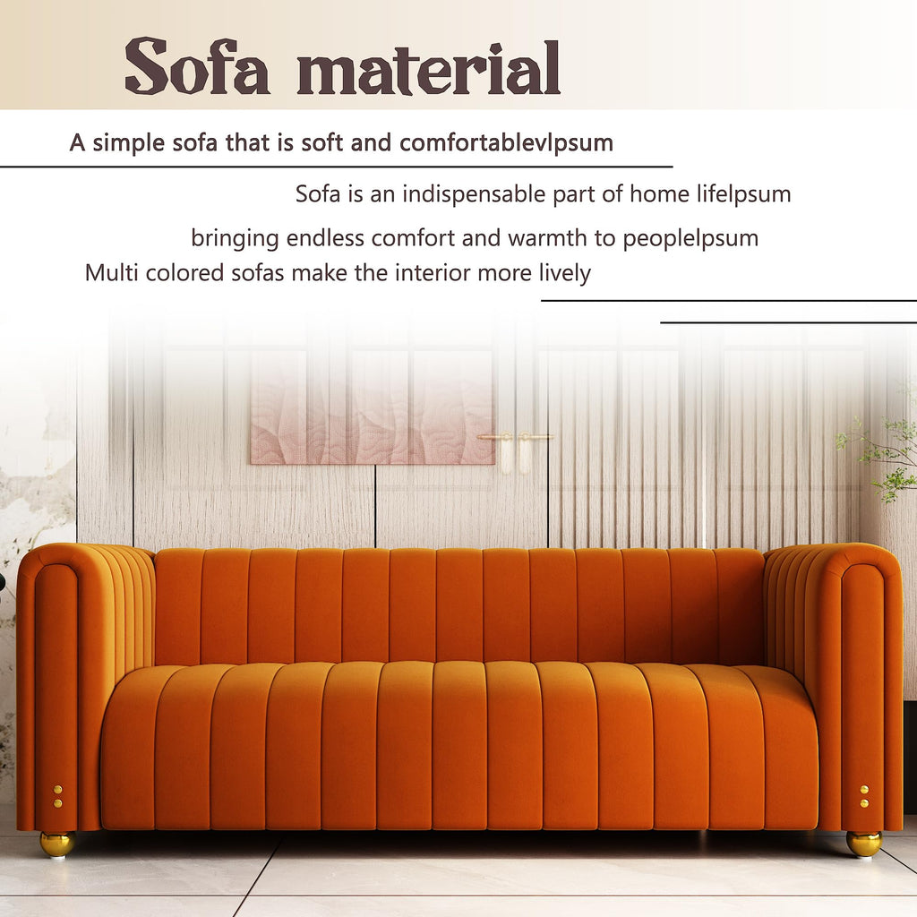 81" Orange Velvet Tufted Sofa 3 Seater with Metal Legs I76939