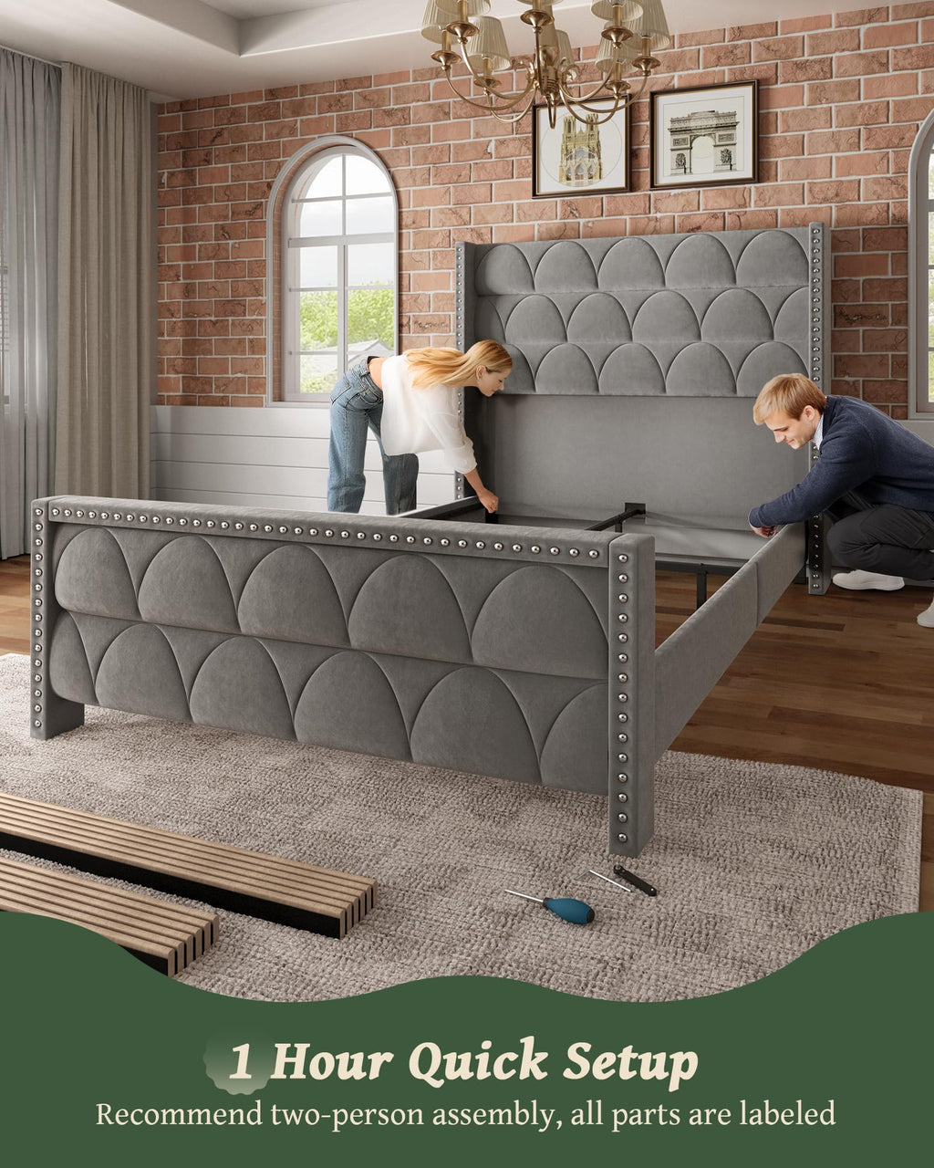 Queen Size Velvet Upholstered Platform Bed Frame X3083