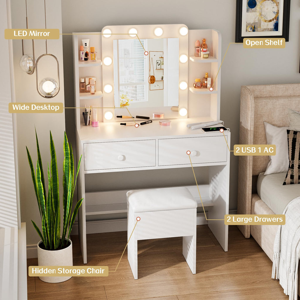 White Vanity Desk with Lighted Mirror and Chair Z534