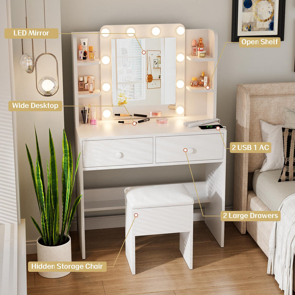 White Vanity Desk with Lighted Mirror and Chair Z534