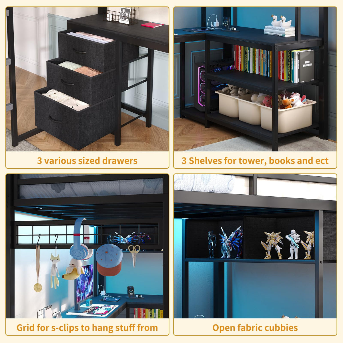 Twin Loft Bed with L-Shaped Desk and LED Lights O104