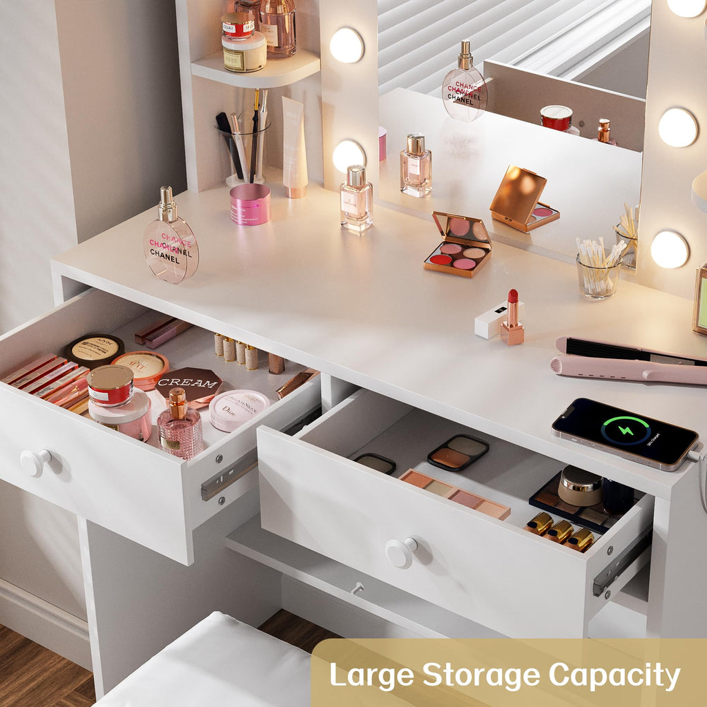 White Vanity Desk with Lighted Mirror and Chair Z534