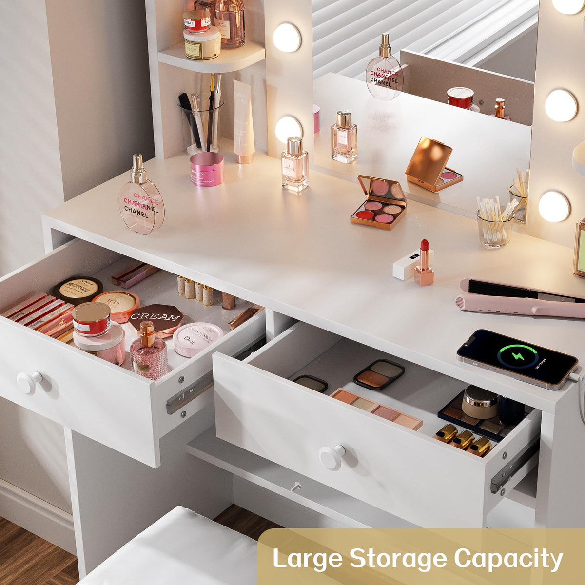 White Vanity Desk with Lighted Mirror and Chair Z534