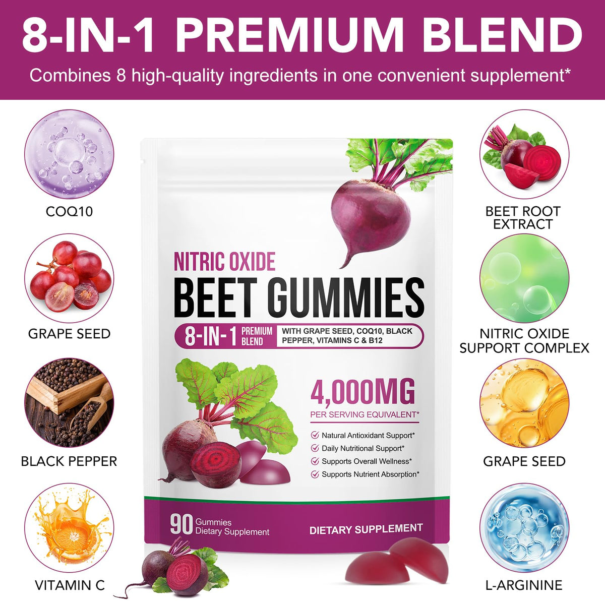 Beetroot Gummies 90 Gummies Beetroot Extract Supplement with COQ10 Vitamin C B12 Grape Seed Extract U547
