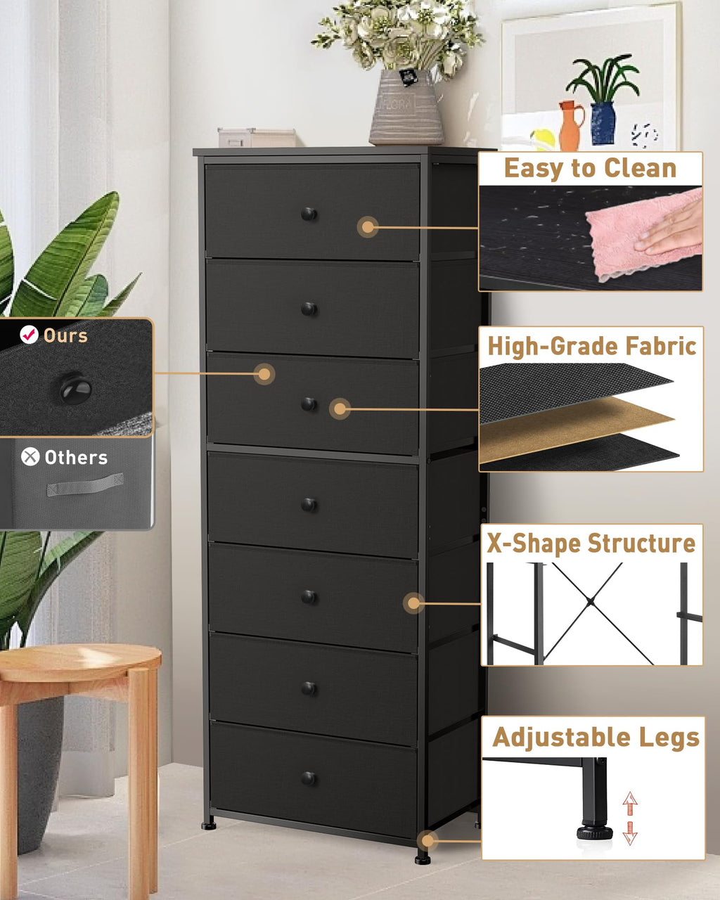 Tall Fabric 7 Drawer Dresser with Steel Frame Wood Top E2364