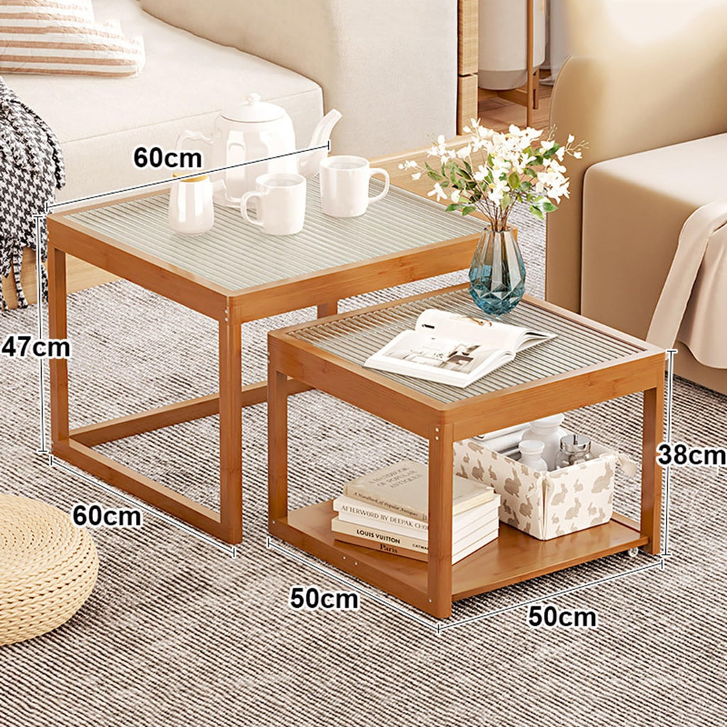 Set of 2 Square Glass Coffee Table with Bamboo Frame X473