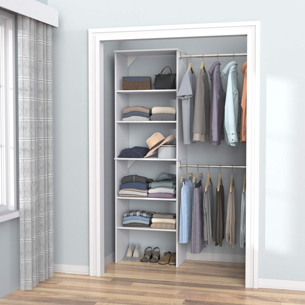 Wood Closet Organizer System with Tower and 3 Hang Rods and Shelving X307