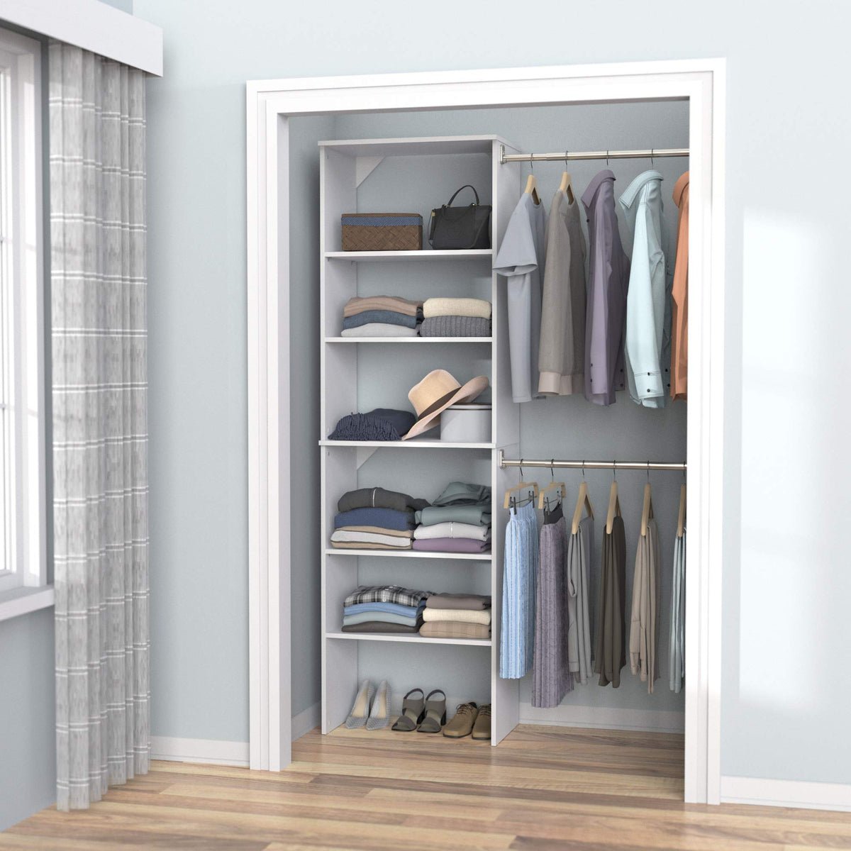 Wood Closet Organizer System with Tower and 3 Hang Rods and Shelving X307