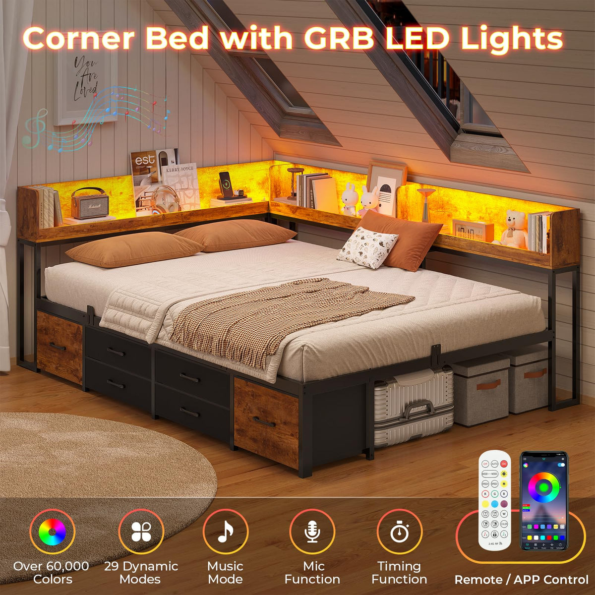 14 Inch Corner Bed Frame with Bookcase Storage, Full Daybed with 6 Drawers, Charging Station and LED Light, Black & Vintage Brown E339