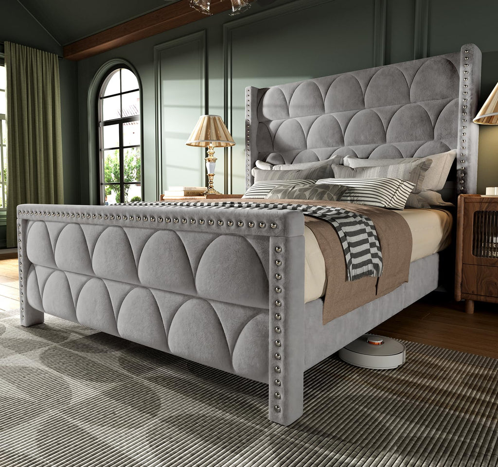 Queen Size Velvet Upholstered Platform Bed Frame X3083