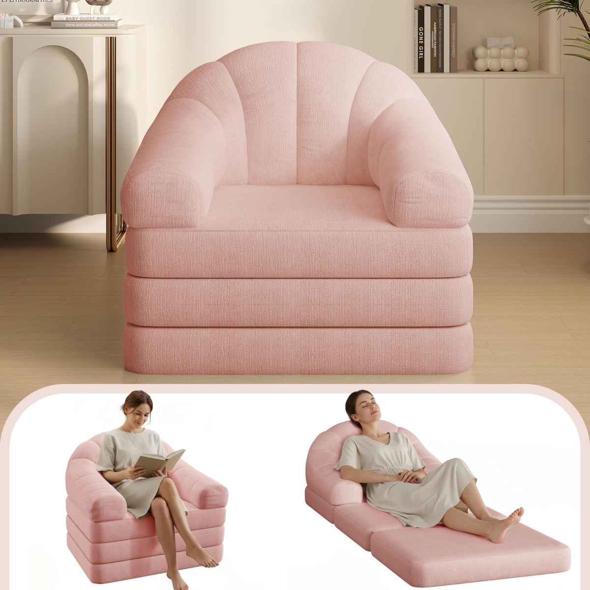 Pink Chenille Convertible Sofa Bed P22716