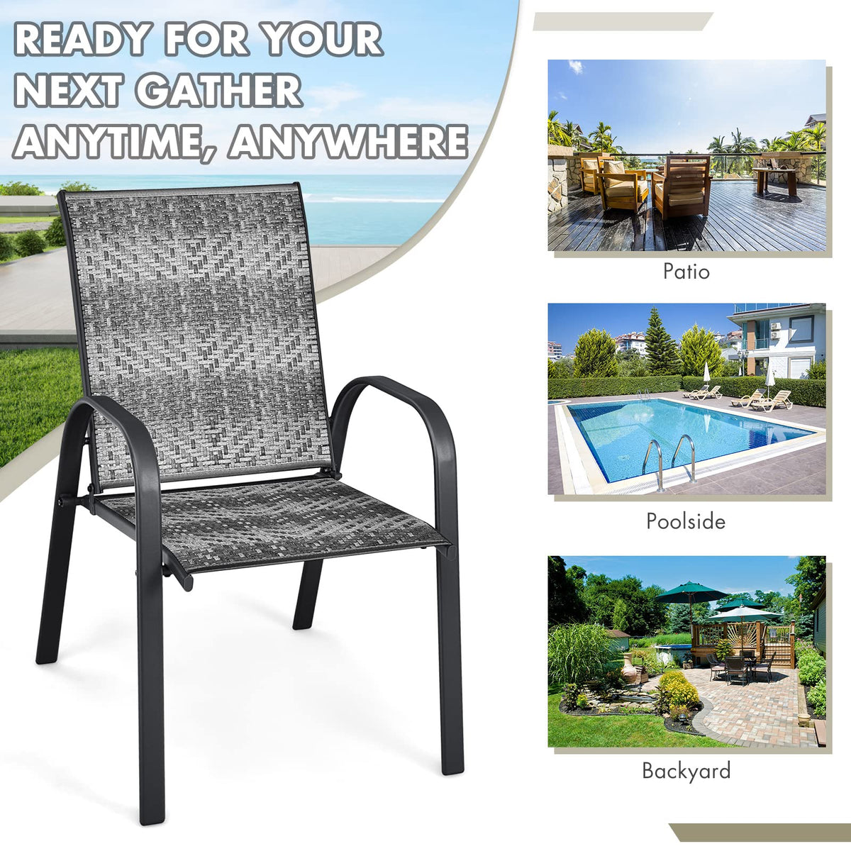 Stackable PE Wicker Patio Arm Chairs Set of 6 U405698