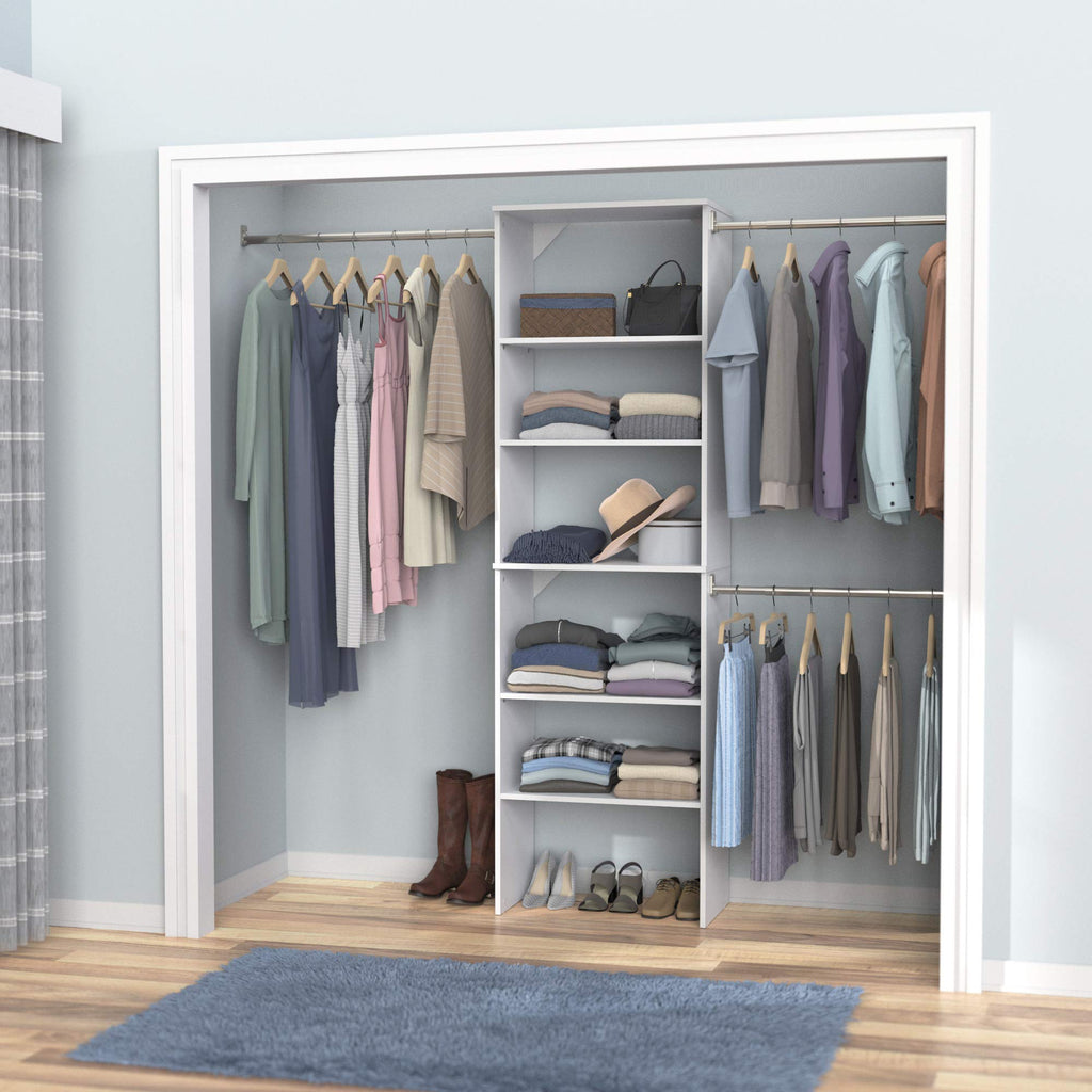 Wood Closet Organizer System with Tower and 3 Hang Rods and Shelving X307