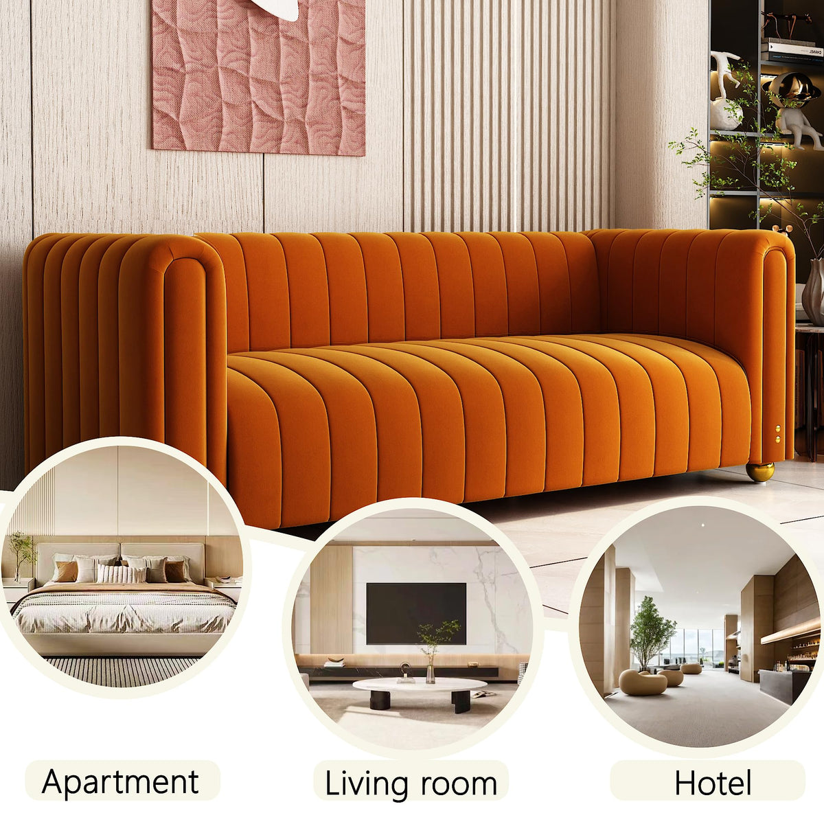 81" Orange Velvet Tufted Sofa 3 Seater with Metal Legs I76939