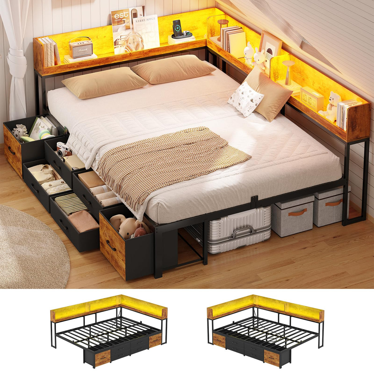 14 Inch Corner Bed Frame with Bookcase Storage, Full Daybed with 6 Drawers, Charging Station and LED Light, Black & Vintage Brown E339