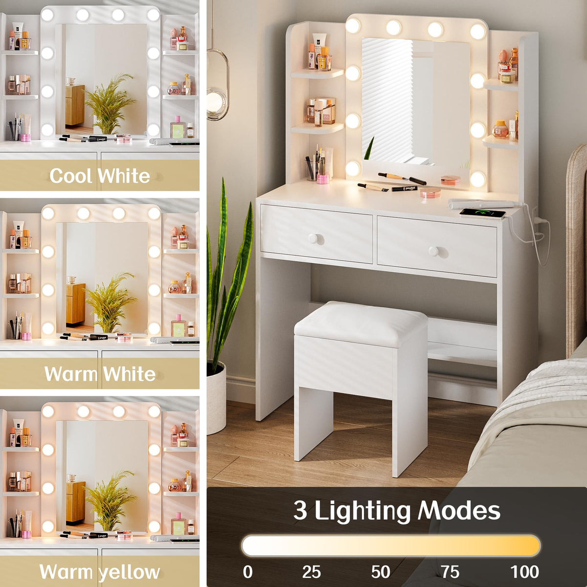 White Vanity Desk with Lighted Mirror and Chair Z534