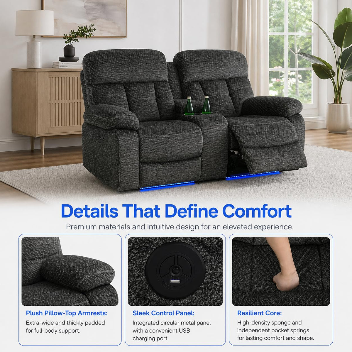 Gray Wool 3 Piece Power Reclining Sofa Set with USB Ports and LED Lights V472200