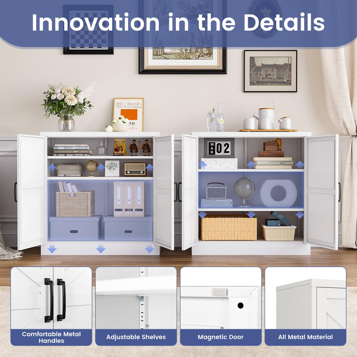 White 36" Metal Storage Cabinet with Doors and 2 Adjustable Shelves Y48380