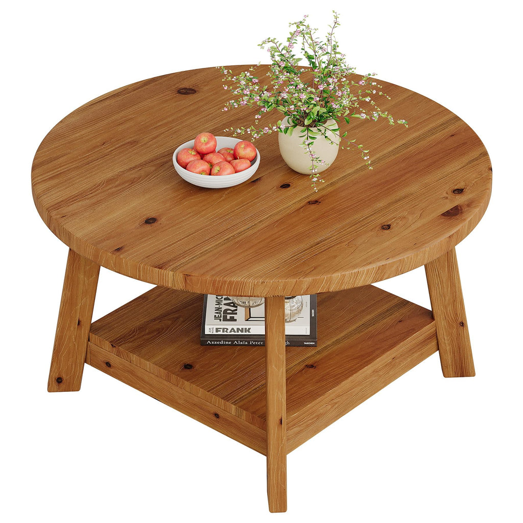 Solid Wood Round 2-Tier Coffee Table with Storage Shelf V428977