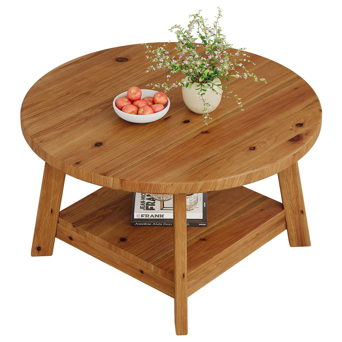 Solid Wood Round 2-Tier Coffee Table with Storage Shelf V428977