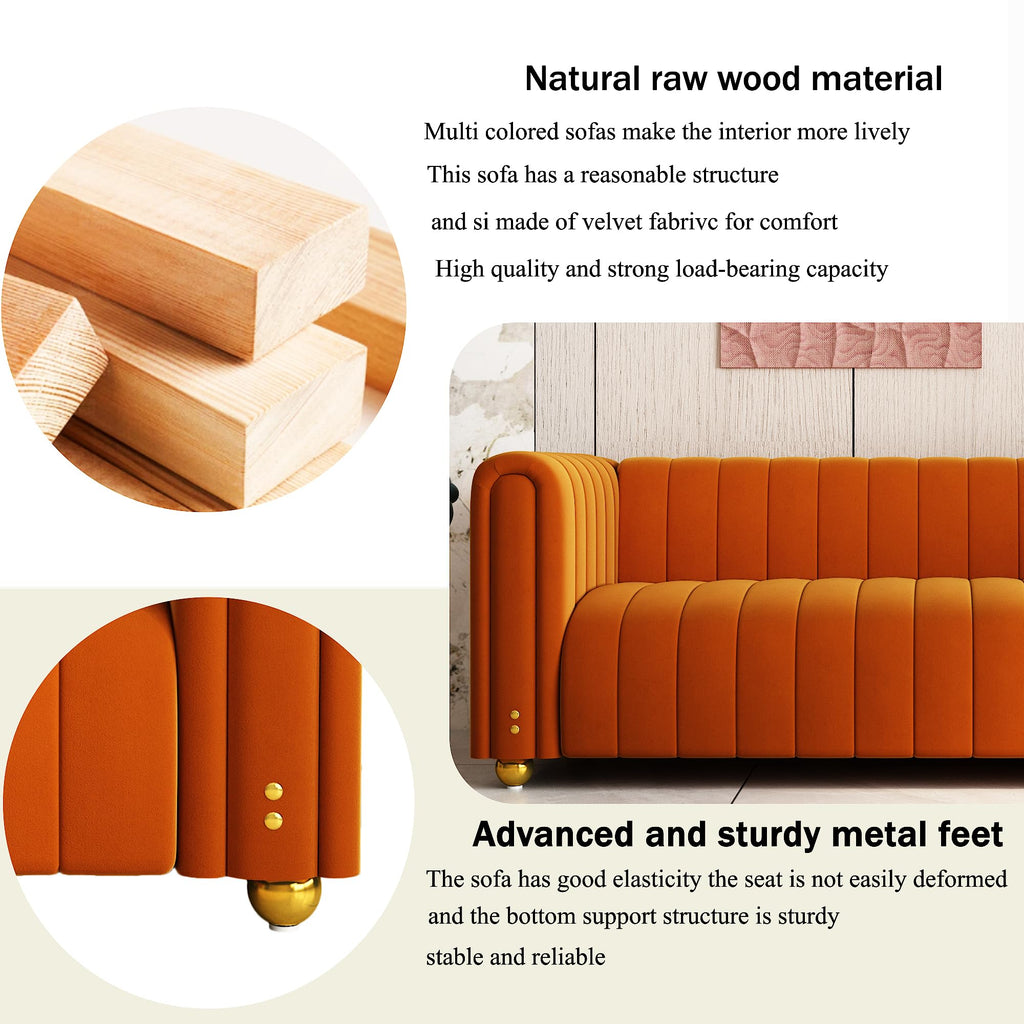 81" Orange Velvet Tufted Sofa 3 Seater with Metal Legs I76939