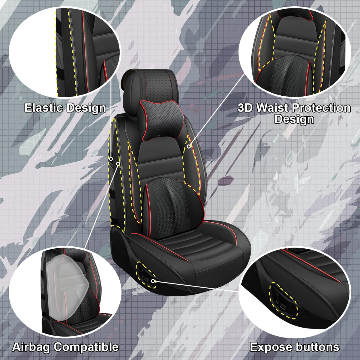 Waterproof Nappa Leather Car Seat Covers 5 Seats Black Red U581